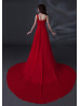 One Shoulder Red Chiffon Corset Back Minimalist Evening Dress